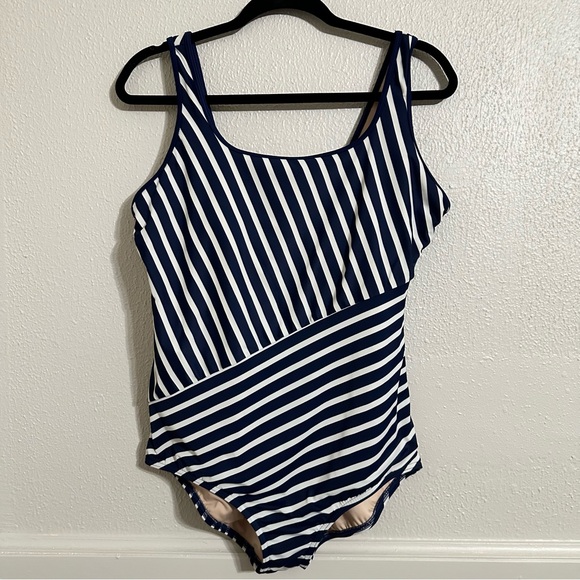Land's End Soft Cup Tugless Sporty One Piece Blue Striped Swimsuit - Picture 3 of 9